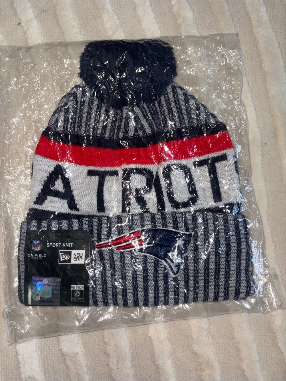 New England Patriots Knit Pom Beanie - Navy, Red, White